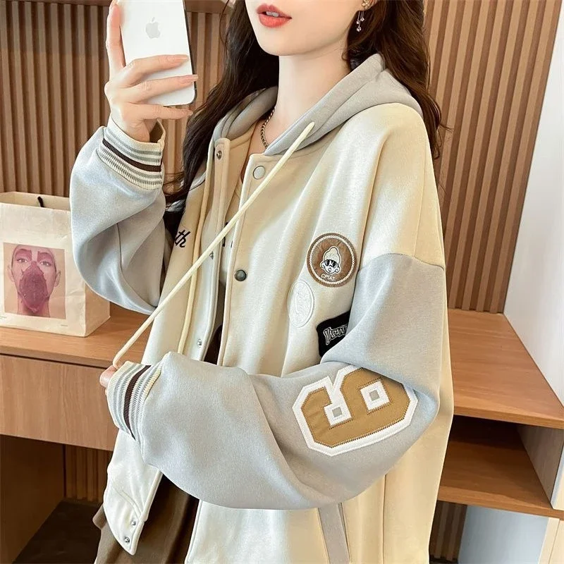 ​2025 Autumn Winter Women's Baseball Coat Hoodie Pure Cotton Embroidered Casual Oversized Cardigan Jacket​