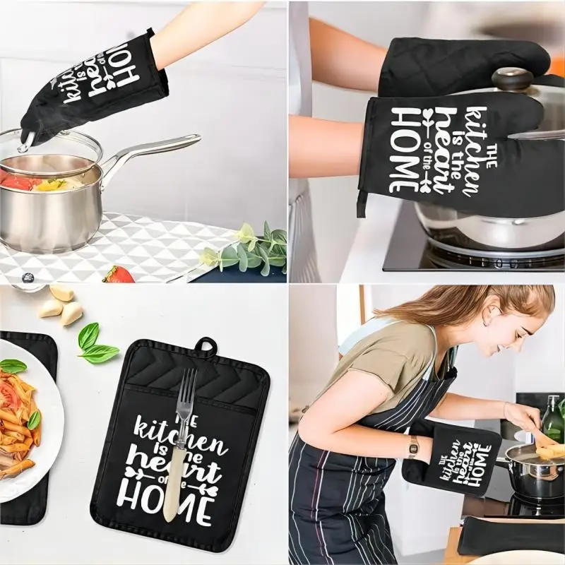 6Pcs Funny Oven Mitts Pot Holders Set Printed Happiness is Homemade Gloves Heat Resistant Hot Pads with Loop for Baking Cooking