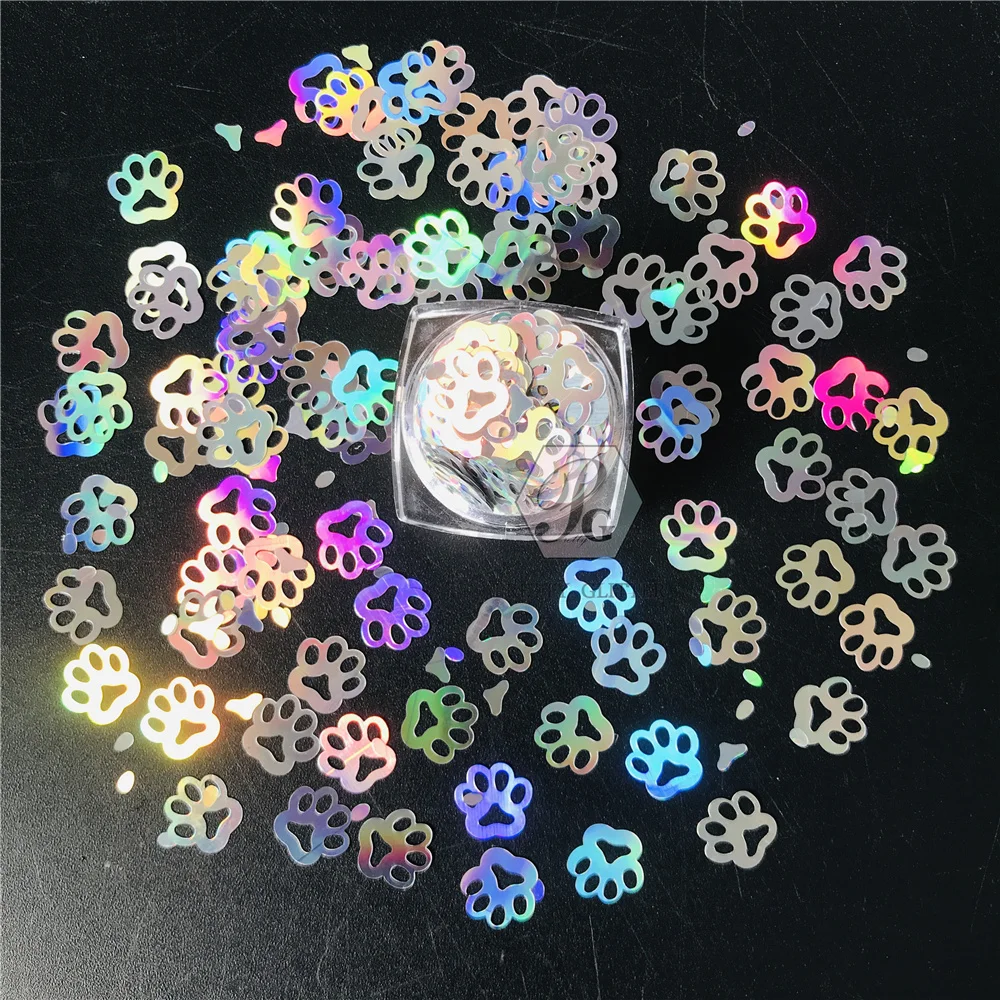 PrettyG Wholesale 10mm Dog Paw Print Glitter Shape Holographic Colorfull Sequin Glitter Supplie For Nail Art DIY Decoration