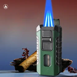 Three-flame Direct-injection Windproof Butane Gas Lighter, Metal Body, Transparent Air Chamber, Cigar Smoking Set As A Gift