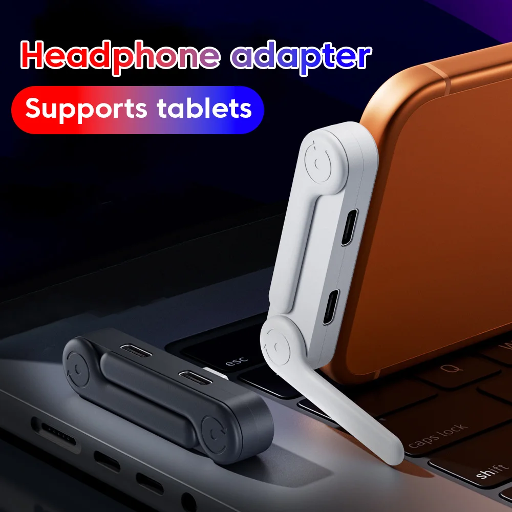 Dual Type C Headphone Adapter Folding Elbow Bracket Audio Charging Adapter Desktop Phone Stand Phone Charging OTG Connector