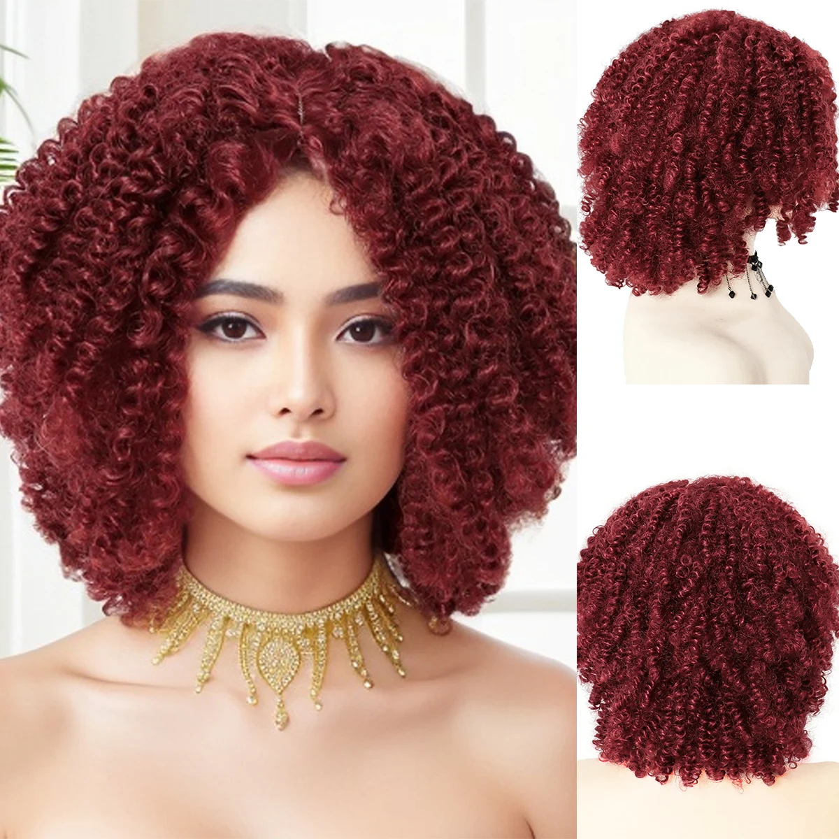 

Red Wig Synthetic Short Afro Kinky Curly Wigs for Black Women Middle Parting Hair Natural Daily Cosplay Use Fluffy Hairstyle