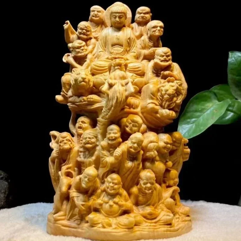 wood carving Eighteen Arhats Buddha Statue Buddhist figures Home Living Room Office Wealth Luck Feng Shui Decor buddha wood