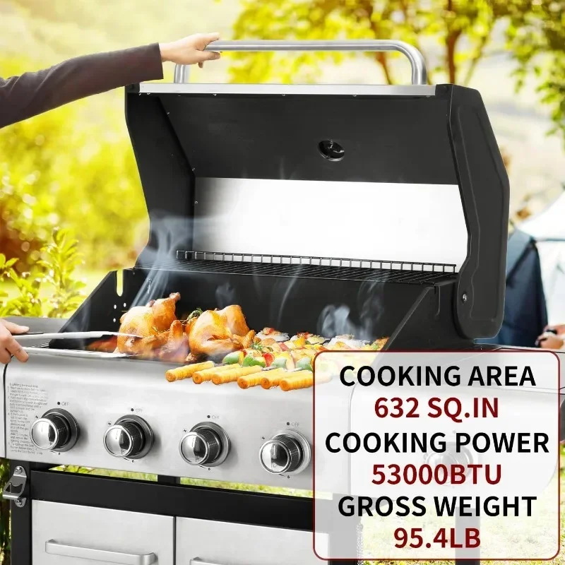 Single Burner Propane Gas Grill with Side Burner, Enameled Cast Iron Grate, for Patio Garden Grilling, Stainless Steel