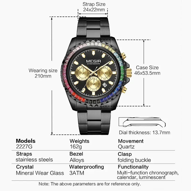 MEGIR 로즈 골드 럭셔리 라인스톤 쿼츠 크로노그래프 시계, 스테인리스 스틸 야광 남성 스포츠 아날로그 손목시계, 24 시간