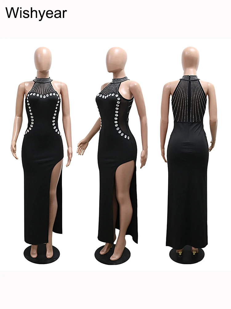 New Sexy Off Shoulder Diamonds Sleeveless High Side Split Bodycon Maxi Dress Luxury Weddingd Guest Party Birthday Women Vestidos