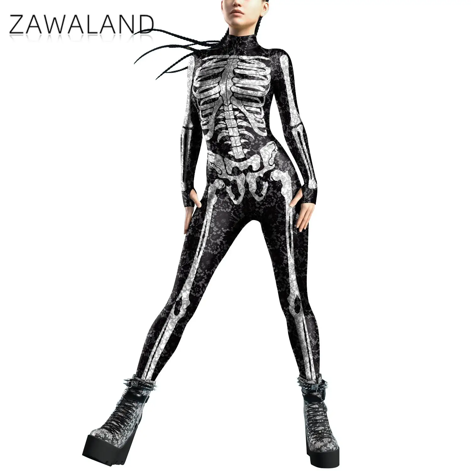 Zawaland Skeleton Catsuit for Women Scary Zentai Bodysuit Carnival Purim Party Costume Thomb Sleeve Outfit Front Zipper Clothes