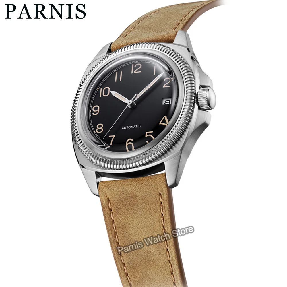 Parnis 2024 Year 41mm Silver Case Automatic Mechanical Men Watch Leather Strap NH35 Movement Men\'s Watches