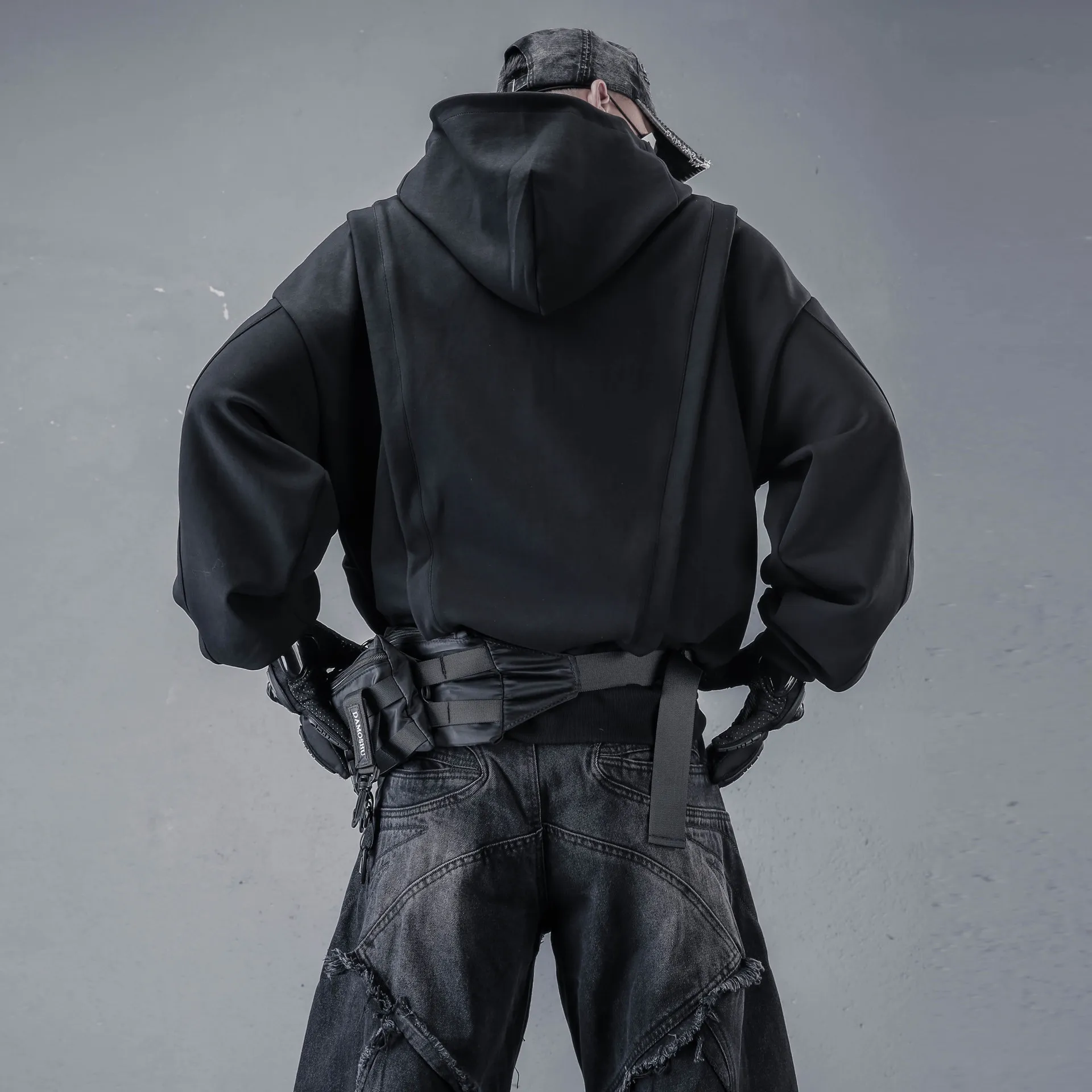 Niche Dark Stitching Hooded Cardigan Sweater Autumn Men's American Fake Two-Piece Design Zipper Hoodie Baggy Coat