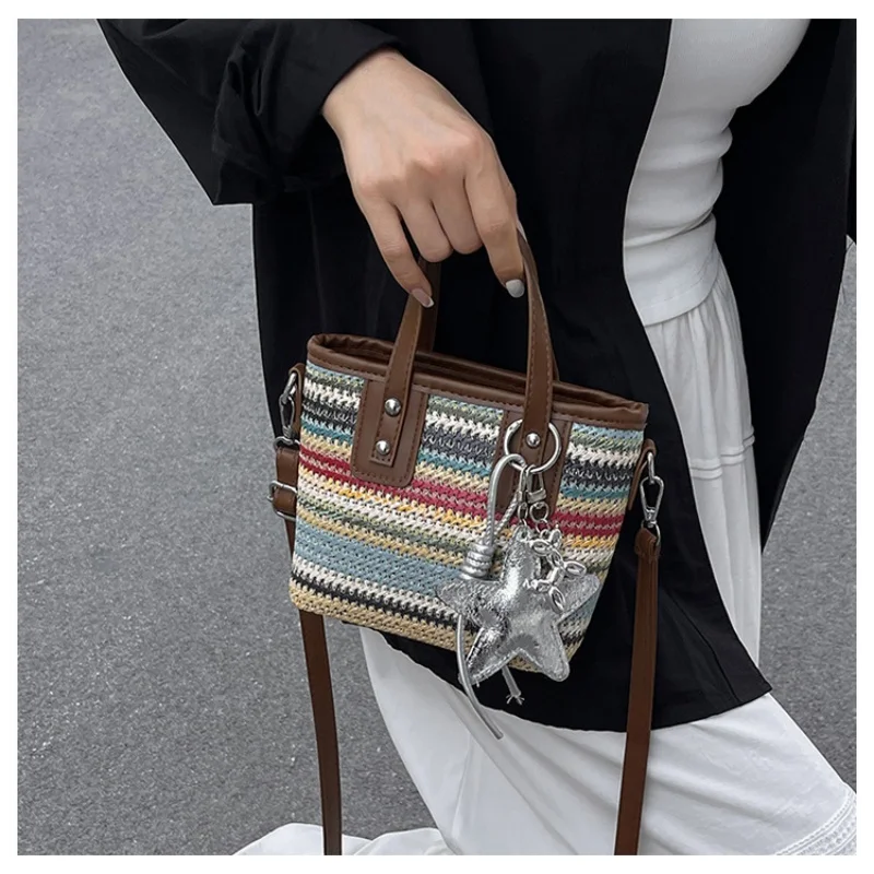 Boho Style Striped Woven Mini Tote Bag Women Retro Vacation Handbag Detachable Strap Crossbody Shoulder Bag view 4