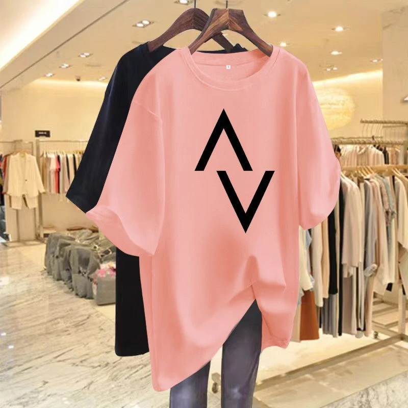 T-shirt da donna in cotone casual sciolto con elegante abbigliamento stampato a maniche corte, maglione di base Y2K 6XL, top girocollo estivo