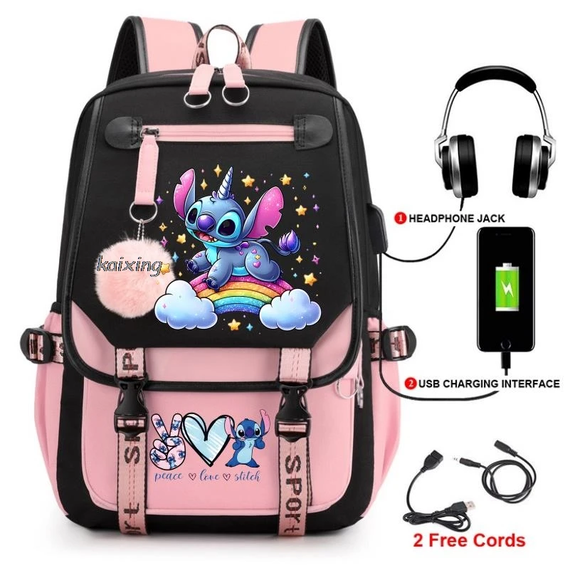 Hot Disney Lilo Stitch Backpacks Set for Girls Anime School Bag Teenager Student Canvas Laptop Back Pack Women Rucksack Purple