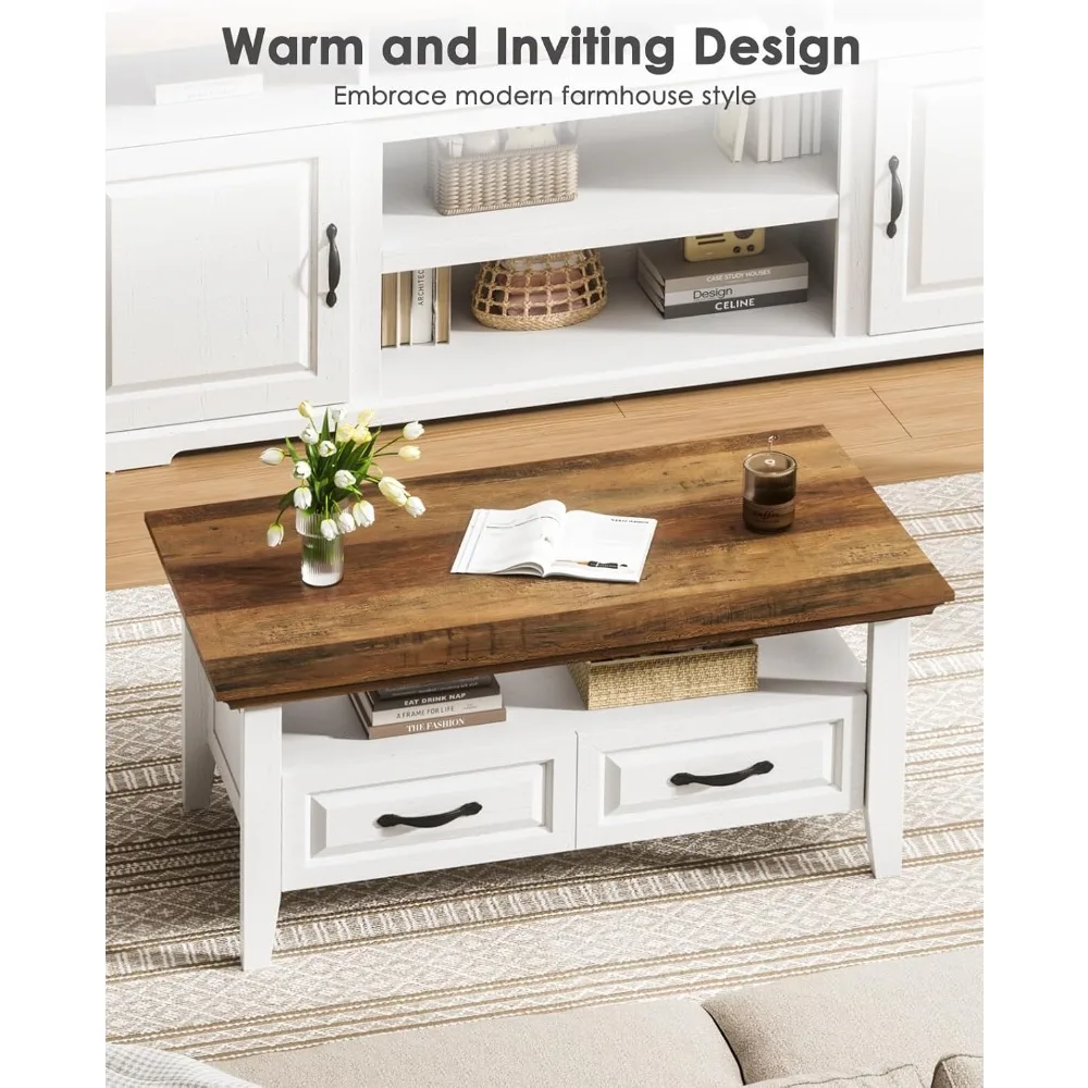 طاولة قهوة لغرفة المعيشة، 39.4 طاولة قهوة صغيرة مع مساحة تخزين، رف عرض مفتوح وأدراج مخفية #6