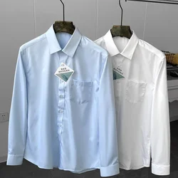 Cotton Lyocell Men Dress Shirts Men's Business Casual Long Sleeve Shirt Simple Luxury Loose White Light Blue Top Ropa Hombre