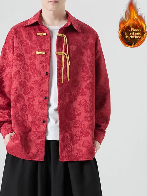 

Thiened Fce Warmth Men's irt Long Sve Traditional Chinese Sle Outerwear Trendy Hanfu Tang Costume Jaet for Youth