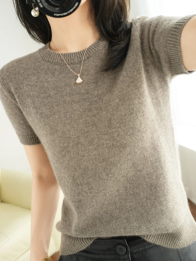 Summer New Loose Knitted Short Sleeve Women's T-shirt Wool Cashmere round Neck Half Sleeve Top Outerwear Thin Wool Knitwear
