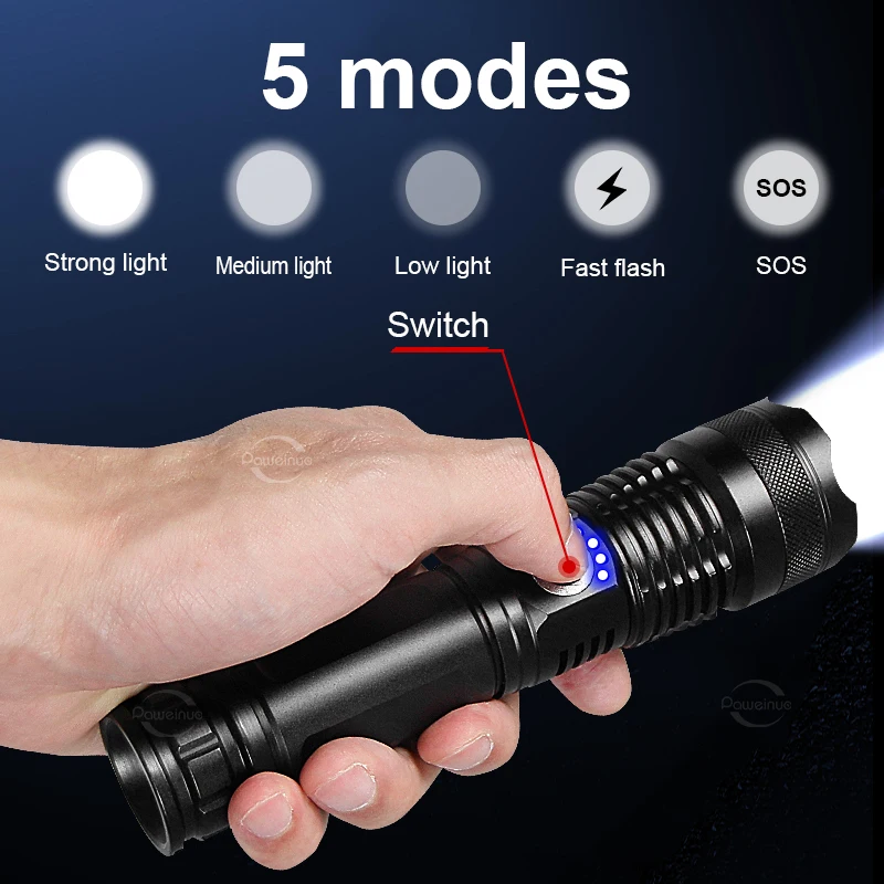 Linterna de luz fuerte de 900000LM, linterna de aleación XHP360, linterna táctica LED, focos recargables, lámpara de Camping para pesca al aire libre