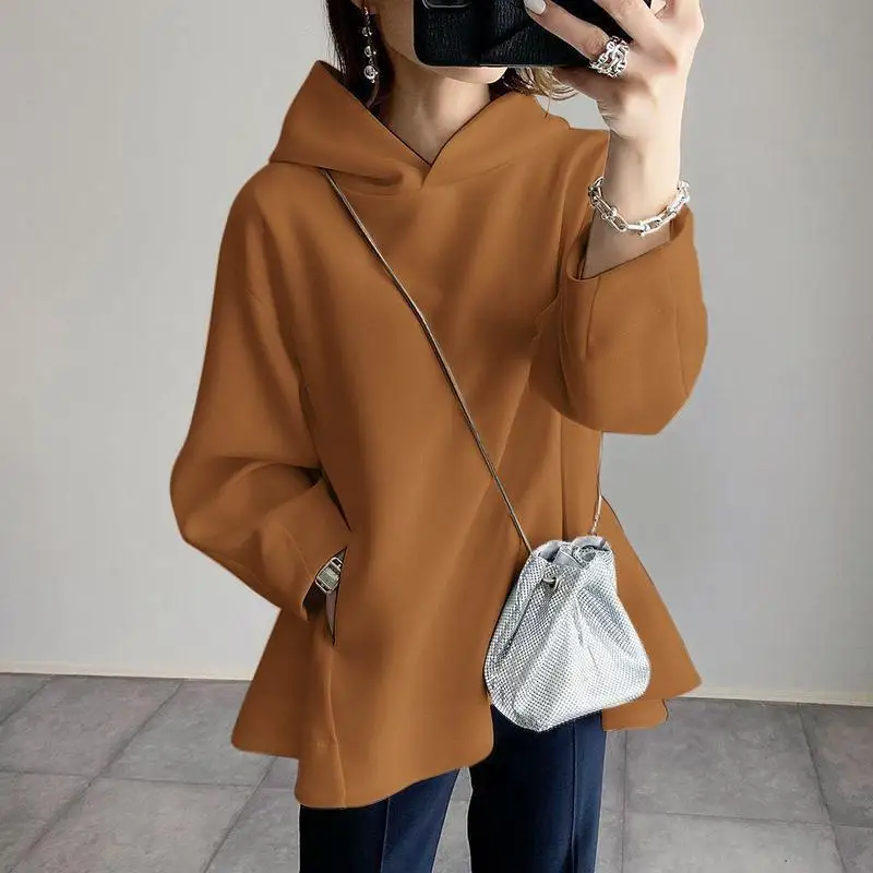 

Women's Long Hooded Sweatshirt with Pockets Casual Style Waist-Cinching Design Regular Sleeve Length Winter Collection