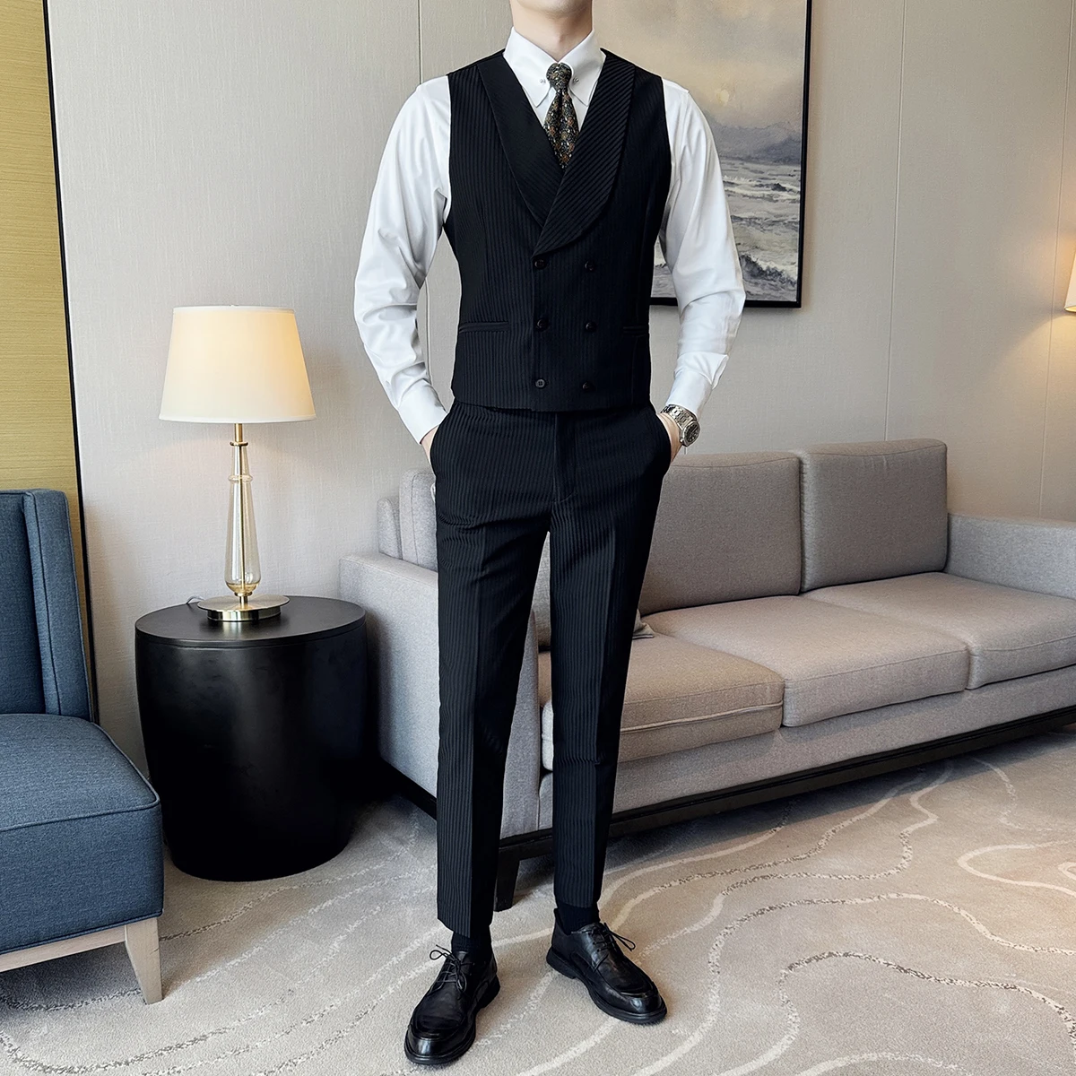 (ベスト + パンツ) 男性高級ストライプダブルブレストデザ - Men'S Grooming Club のレビューと価格