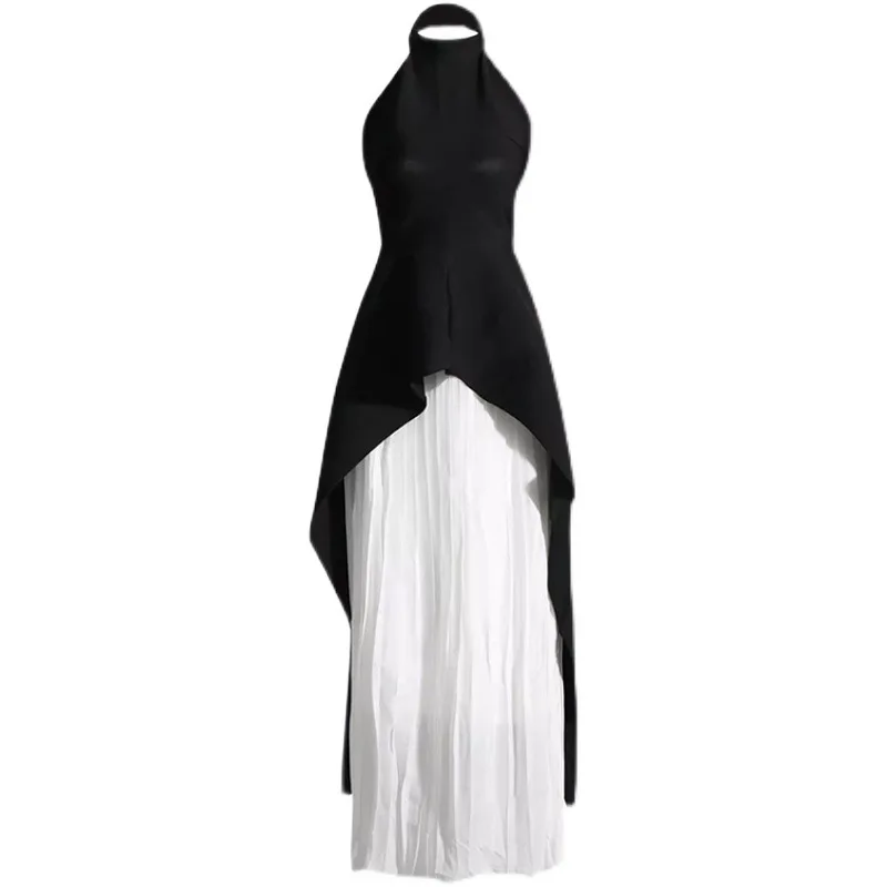 Halter 79 evening dress female celebrity light luxury black and white contrast long pleated skirt suit black engagement toast d