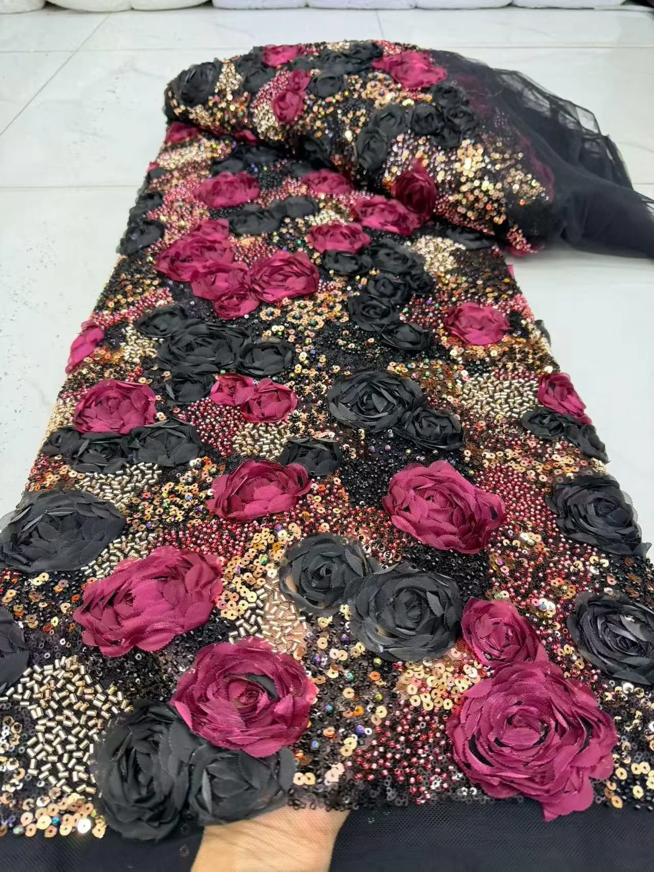 African Nigerian Sequins Embroidery Tulle Lace Fabric Sewing Beads Stone Prom Dresses High Quality 5Yards 2026 DP0560
