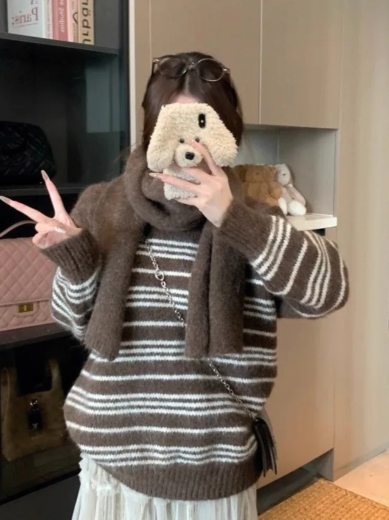 Maglione pullover coreano Sle rotondo Ne Thiened Sciarpa dimagrante casual autunno inverno Faion da donna a righe larghe calde
