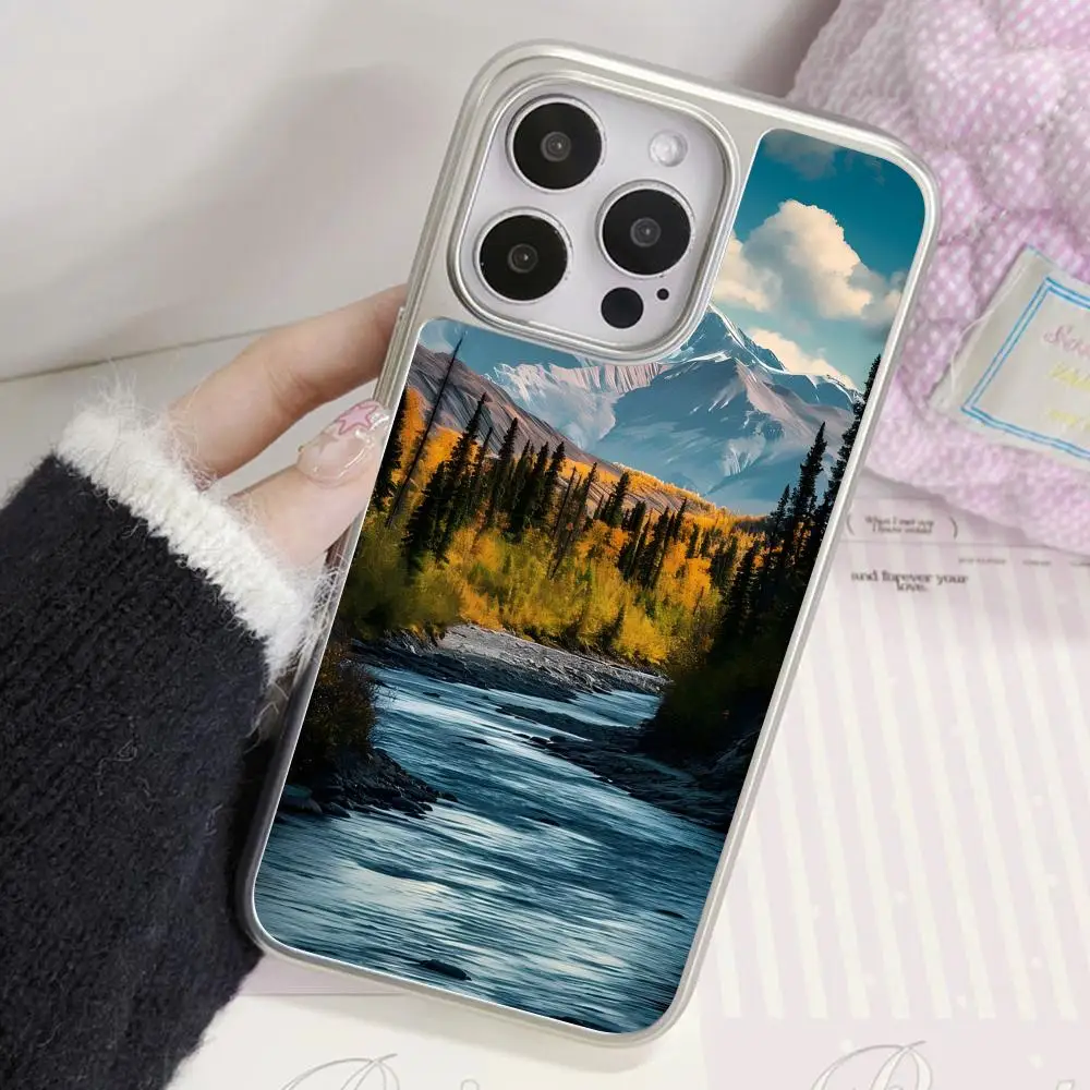 

Mountain Forest Phone Case for iPhone 17 16 15 14 13 12 11 Air Pro Max Plus Electroplated Silver Cover