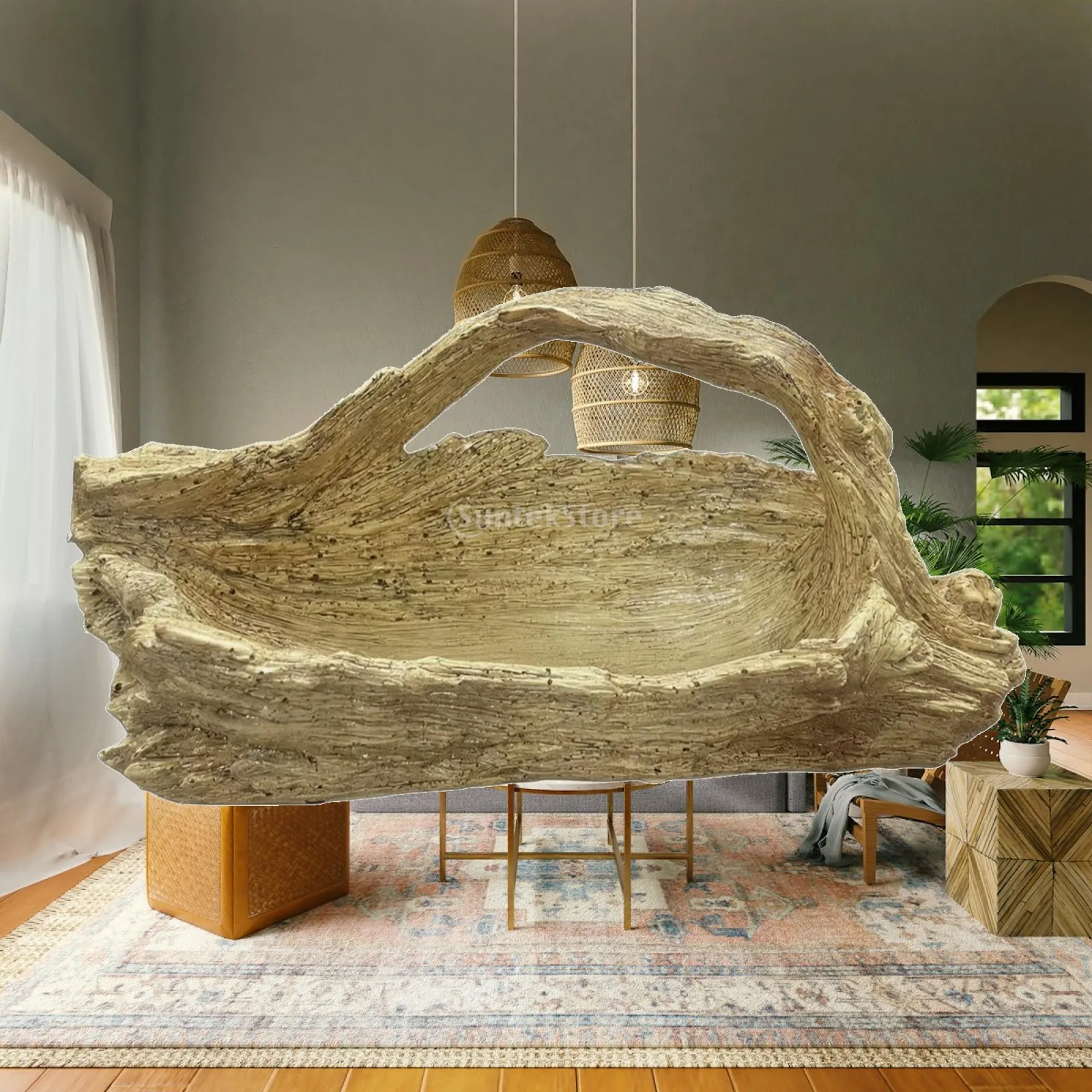 Resin Fabric Pot Beige Hollow Log Planter with Handle for Small Plants Indoor Outdoor Decor