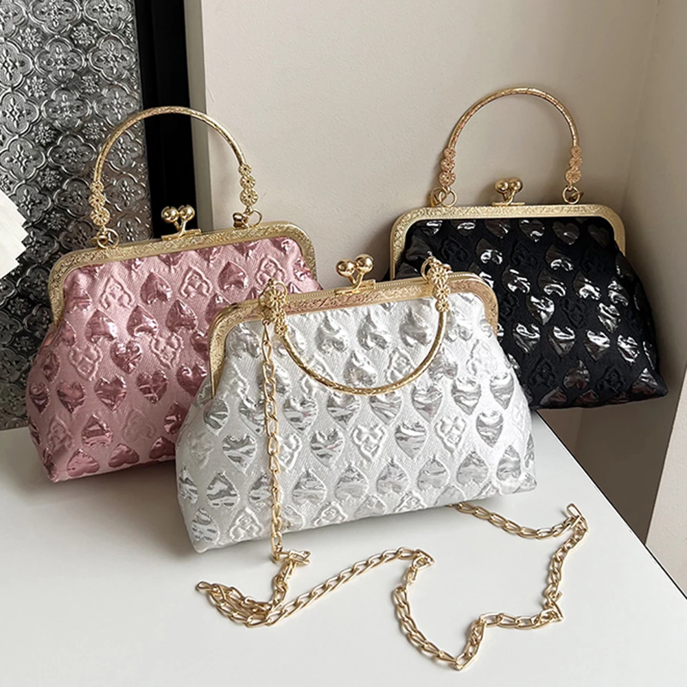 Women Evening Clutch Purses Heart Pattern Vintage Evening Bag Chain Strap Chic Crossbody Bag Top Handle Bag for Party Vacation