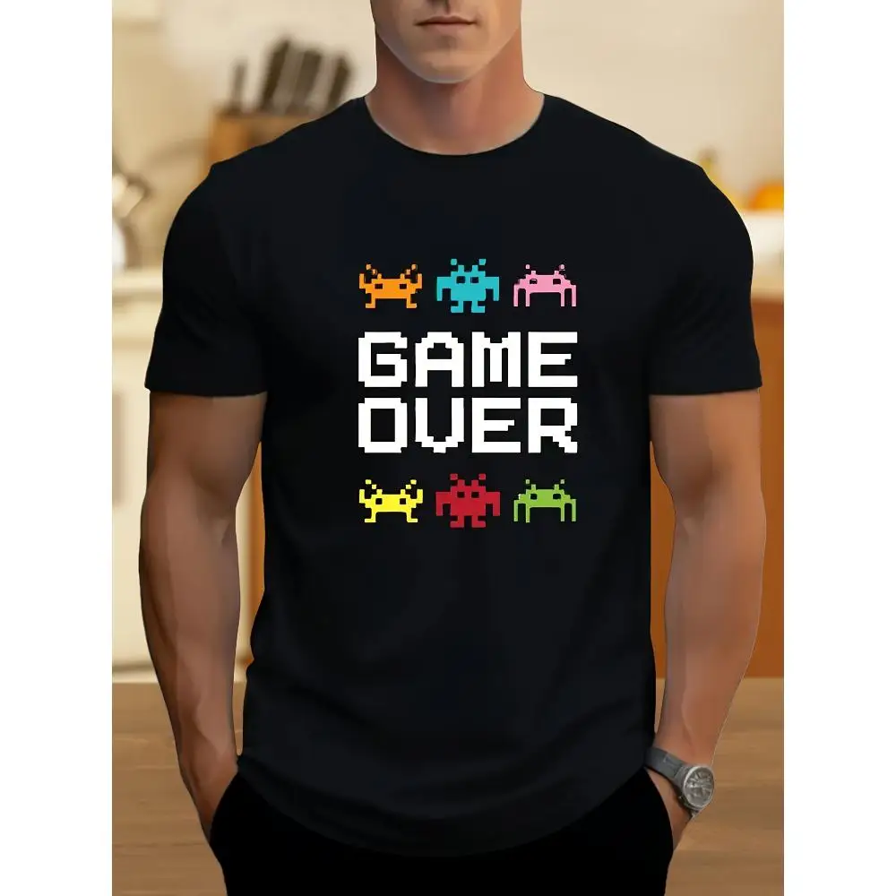 Mens Retro Pixel Art Arcade Game T-shirt Short Sleeve Crew Neck Breathable Cotton Soft Graphic Gamer Gift Casual Summer