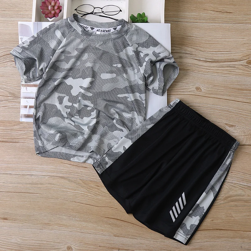 Outdoor Quick-Dry Camouflage Kids Summer Top T-Shirt + Shorts Moisture Wicking Baby Boys 2-Pieces Workout Sets 3-14 Years