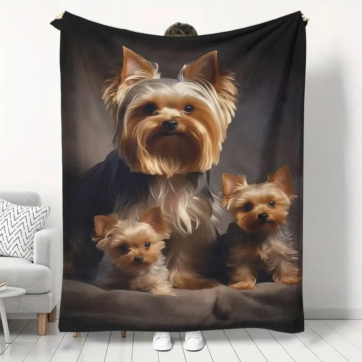 Adorable Three Yorkshire Terrier Dogs Dark Background Pattern Flannel Blanket Cozy Plush Bedspread Portable Travel Blanket