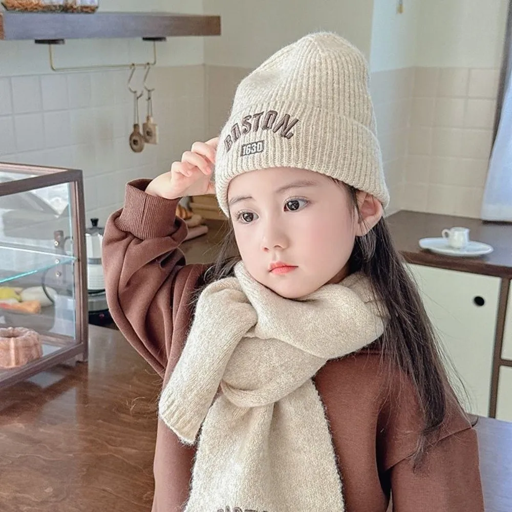 

New BOSTON Embroidery Scarf Hat Set Warm Windproof Neck Warmer Coldproof Pullover Cap Autumn and Winter