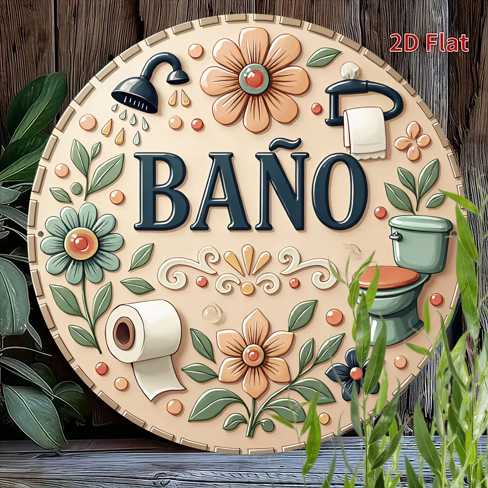 2D flaches, kreisförmiges, dekoratives Schild aus Holz, Toiletten-Blumenmuster, lustiges Holzschild, verbessert den Stil, für den Innenbereich – Detail 3