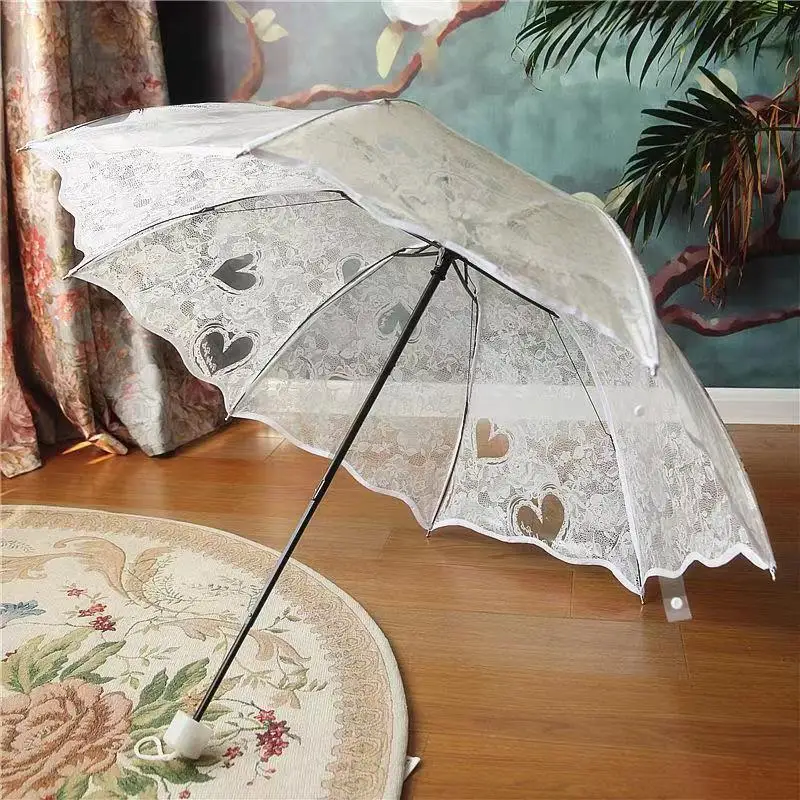 Thicken Three Fold Transparent Princess Umbrella Romantic Lace Red Heart Print PVC Clear Umbrellas Lovers Girls Gifts Dropship