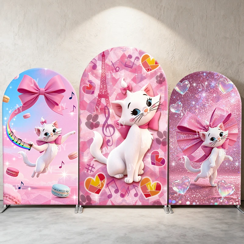 

Marie Cat Arch Backdrop Cover Pink Bow Music Scene Cartoon Theme Kids Birthday Baby Shower Photo Booth Decor Background