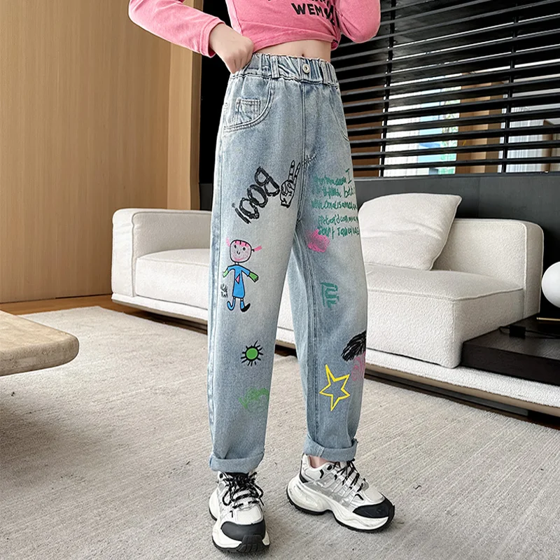 New Stylish Kids Fashion Spring Straight Jeans with Print For Girl Casual Slim Fit Denim Pants Teenage Child Jeans Trousers 5-14