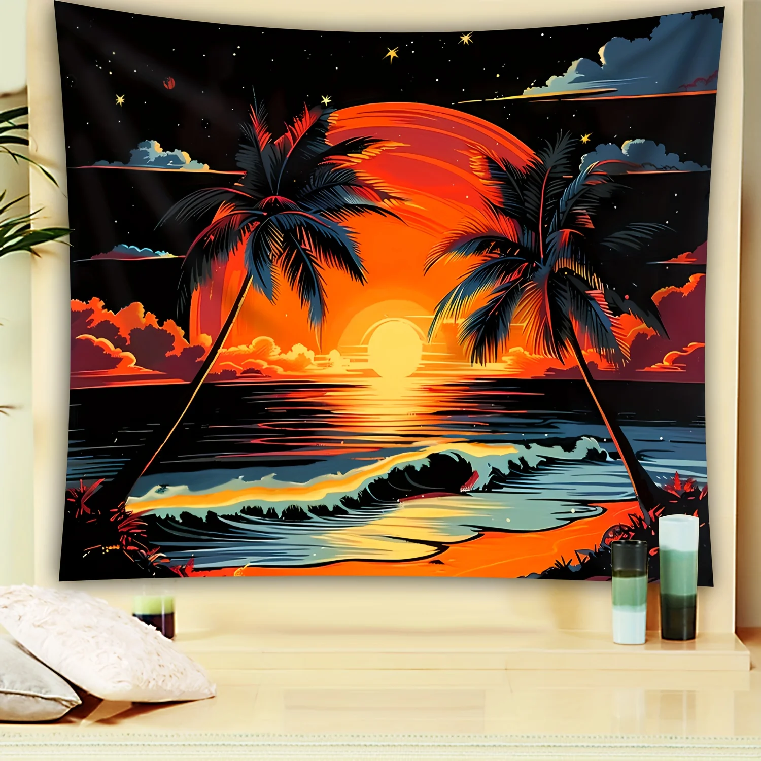 Lebhafter Sonnenuntergang-Oasis-Wandteppich für moderne Wohnzimmerdekoration, mit einer atemberaubenden Blick auf eine feurige orangefarbene Sonnenfassung