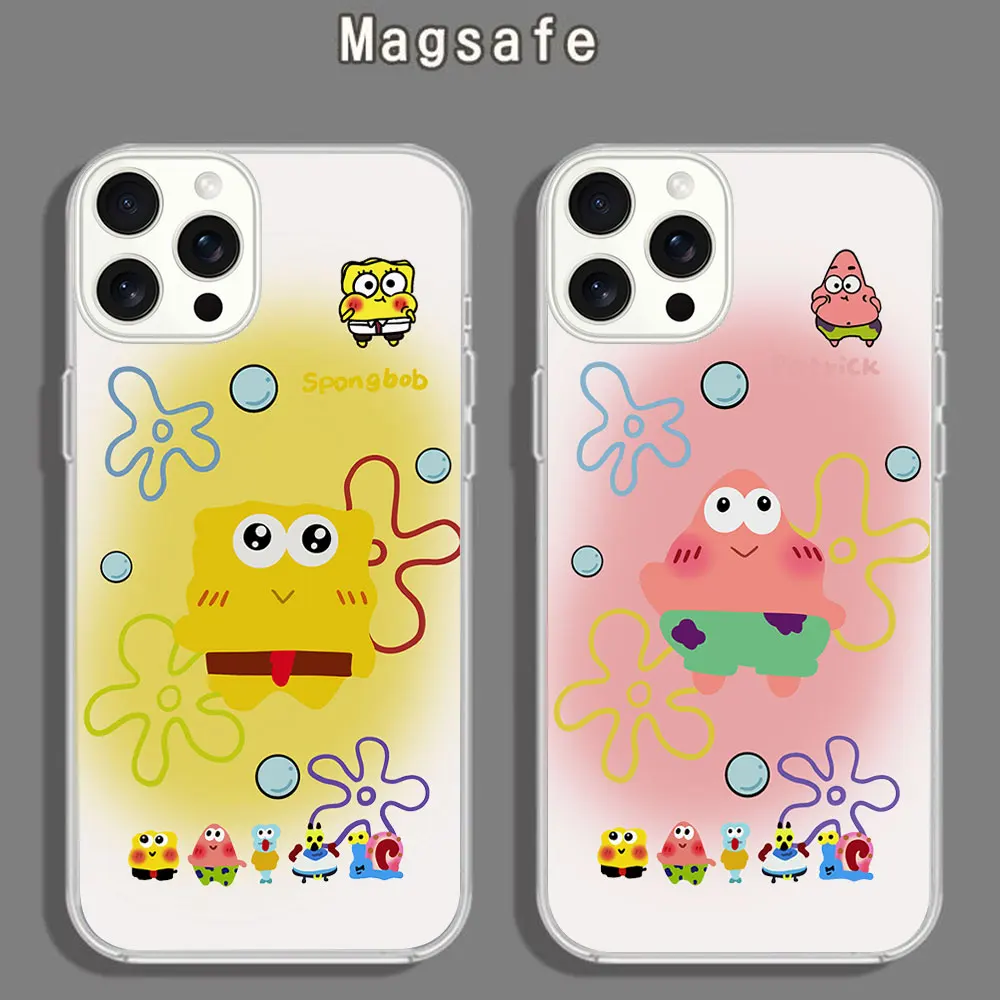 Cartoon S-Sponge B-Bob D-Dustproof Phone Case for iPhone 12 11 13 14 15 16 Max Pro Plus Magsafe Magnetic Wireless Cover