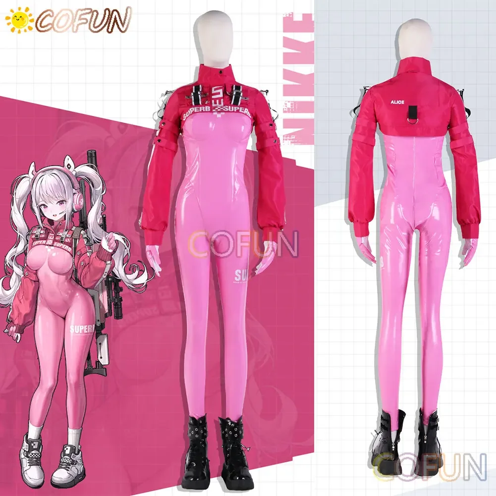 COFUN  Nikke Alice Cosplay Costume Pink Jumpsuit Jacket Halloween NIKKE Cosplays Costumes Women Wig Shoes Bodysuit Latex Catsuit