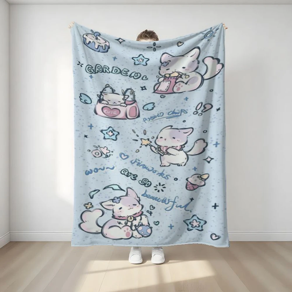Lovely Cream Cat Printed Flannel Blanket, Ultra Soft Warm Throw Blanket, Cozy Windproof Blanket for Bedroom Living Room Dorm