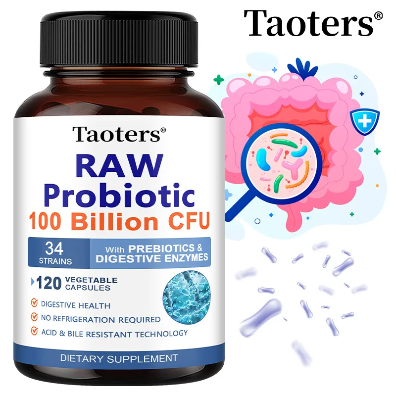 Probiotic supplements containing prebiotics and digestive enzymes support digestive health, gut microbiota, and immune health.