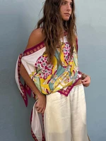 Women Off Shoulder Scarf Print Top Asymmetrical Hem Satin Fashion Blouse 2026 Summer Boho Elegant Vacation Casual Fashion Tops - Image 4