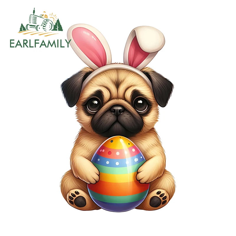 

EARLFAMILY Bunny Dog Pug Lovely Car Stickers Easter Item Cartoon Puppy Trunk Decals Vinyl Car Door Protector Accessories