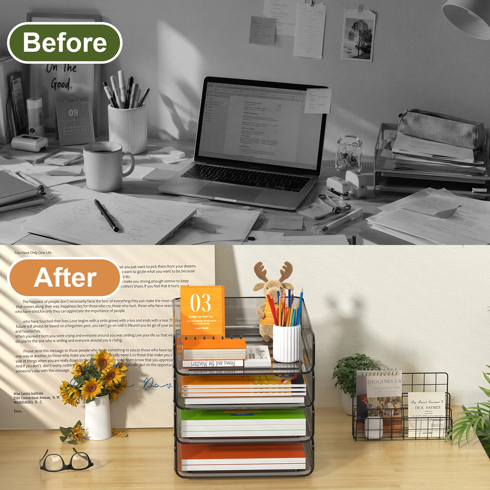 4 Tier Paper Organizer with Pen Holder, Stackable File Document Storage Rack for Desk, Smooth Edge Groove Design Homework Tray O