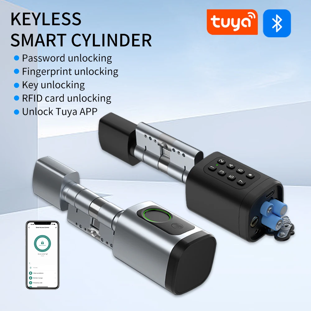 Electronic Digital Tuya Smart Cylinder With Fingerprint Password App Bluetooth Card Mechanical Key Easy Replacement 4AAA Battery