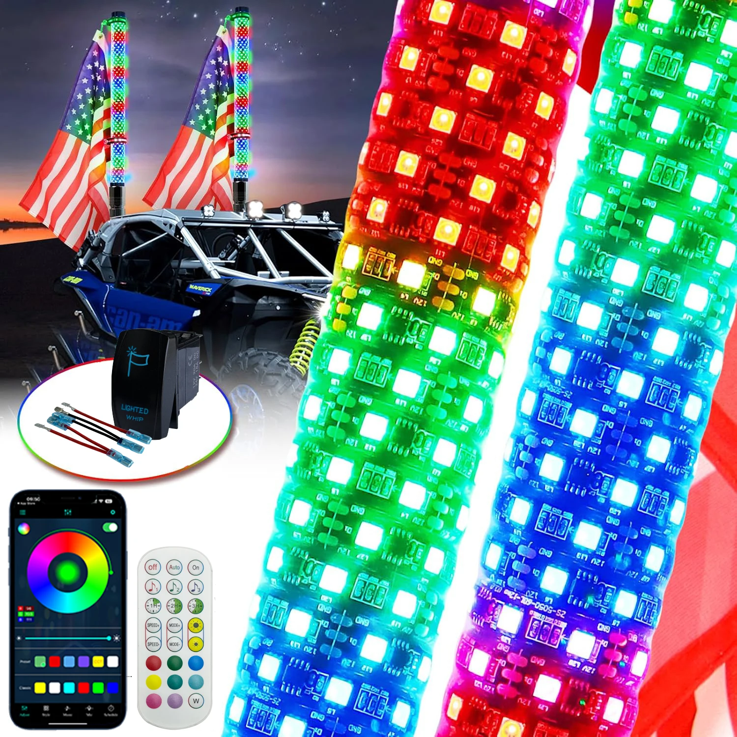 1/2pcs Spiral RGB LED Fat Whip Light Music Adjustable speed dimming Sound Activated Chasing Whip Lights for RZR UTV ATV Off Road