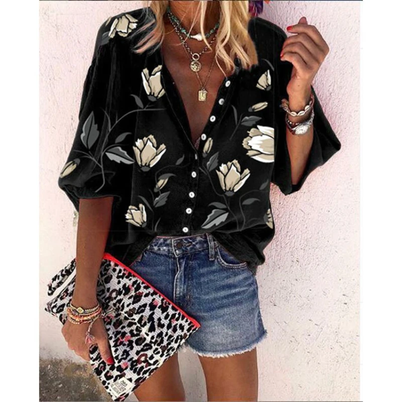 

Women's 2025 Printed Shirt Top Stand-up Collar Loose Large Size Women's Foreign Trade Casual Shirt Women Tops Blouse Women Tops