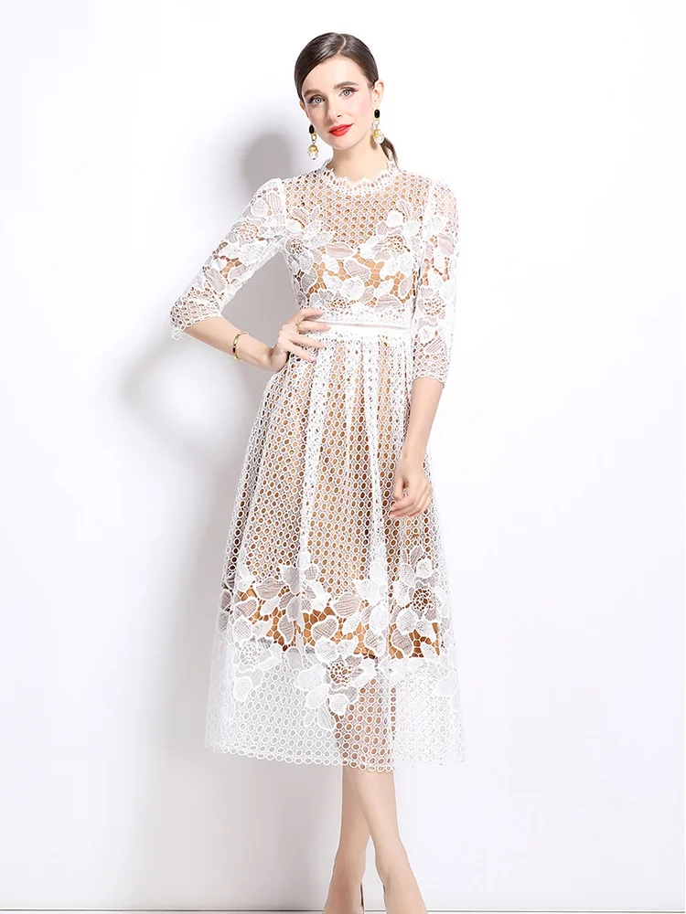 SMTHMA Solid Patchwork Embroidery Midi Dress For Women O-Neck Lace Hollow Out Temperament Dress Female Clothing