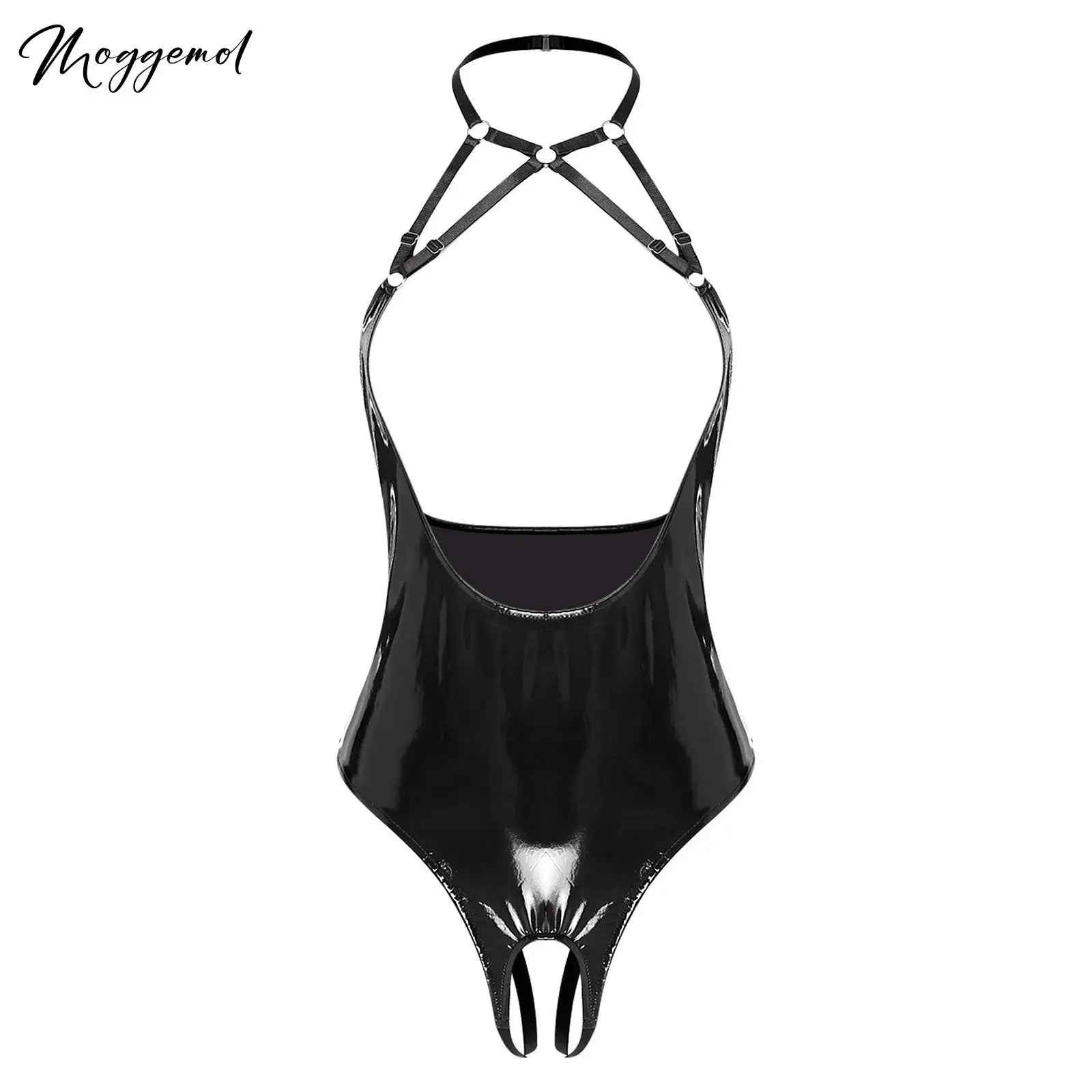

Womens Shiny Leather Bodysuit Lingerie Strappy Halter Open Chest Backless Crotchless Leotard Jumpsuit for Nightclub Rave Party